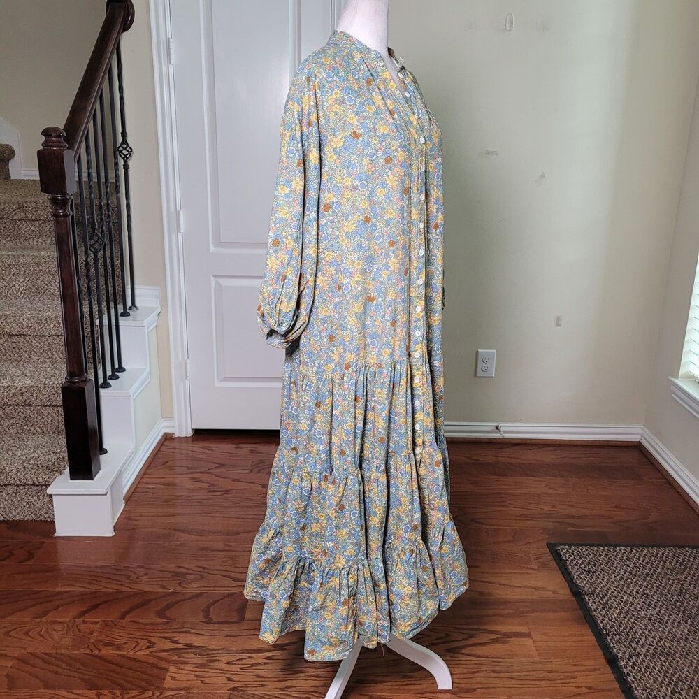 MABLE Cottagecore Tiered Maxi Shirt Dress Groovy Floral Print Spring Vacation - Picture 3 of 16